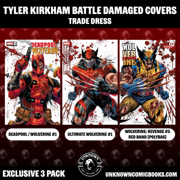 [3 PACK] Deadpool / Wolverine #1 | Ultimate Wolverine #1 | Wolverine: Revenge #5 Unknown Comic Tyler Kirkham Exclusive BATTLE DAMAGED Var (03/26/2025)